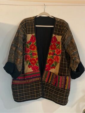 Embroidered Patchwork Black & Brown Plaid Floral Striped Women's Sweater Jacket